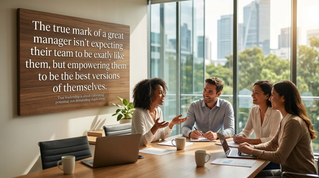 Four colleagues engaging in a discussion in a modern office with a leadership quote on the wall