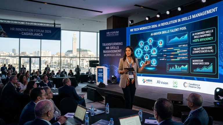 Woman presenting on AI-driven skills management to an audience at HR Innovation Forum with a large screen displaying AI talent pool data