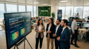 Four professionals standing in an office, looking at a screen presenting Moroccan employee well-being data for 2026